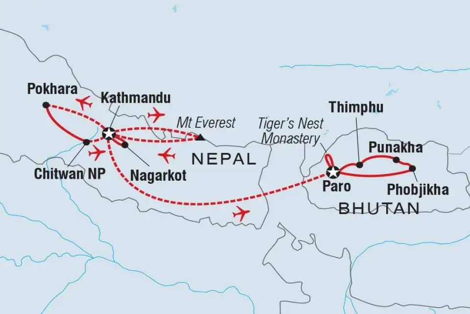 Nepal and Bhutan Tour Map
